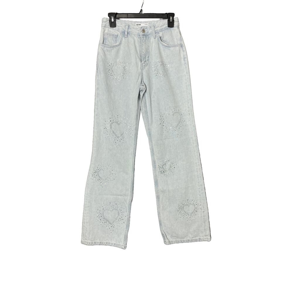 Bershka 90's Wide Leg‎ Embellished Heart High Rise Jeans Size 2 Y2K Like New